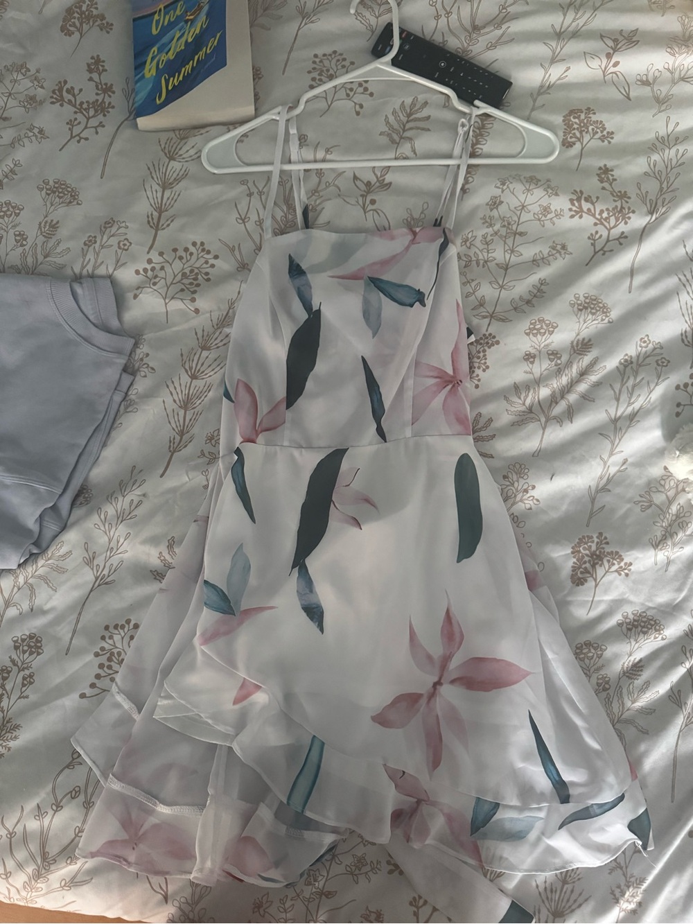 Girls' White Floral Chiffon Dress with Pink and Blue Leaves